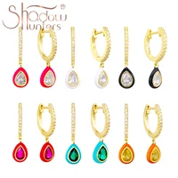 shadowhunters 925 sterling silver water drop earrings gold color piercing enamel gem huggies pink yellow green white for female