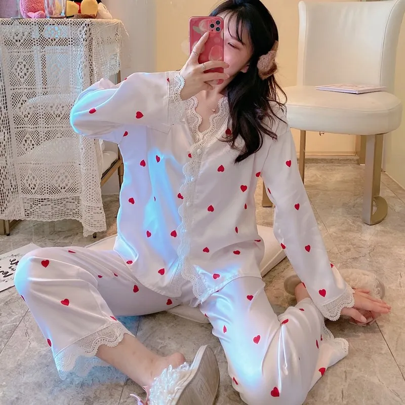 Ice Silk Pajamas Women's Spring Summer Long Sleeve Trousers 2Pcs Set Nightwear Korean Thin Simple Fashion Home Wear Sleepwear