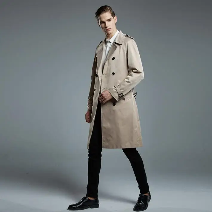 Мужской двубортный тренчкот Спайк! длинная модная одежда цвета хаки черного