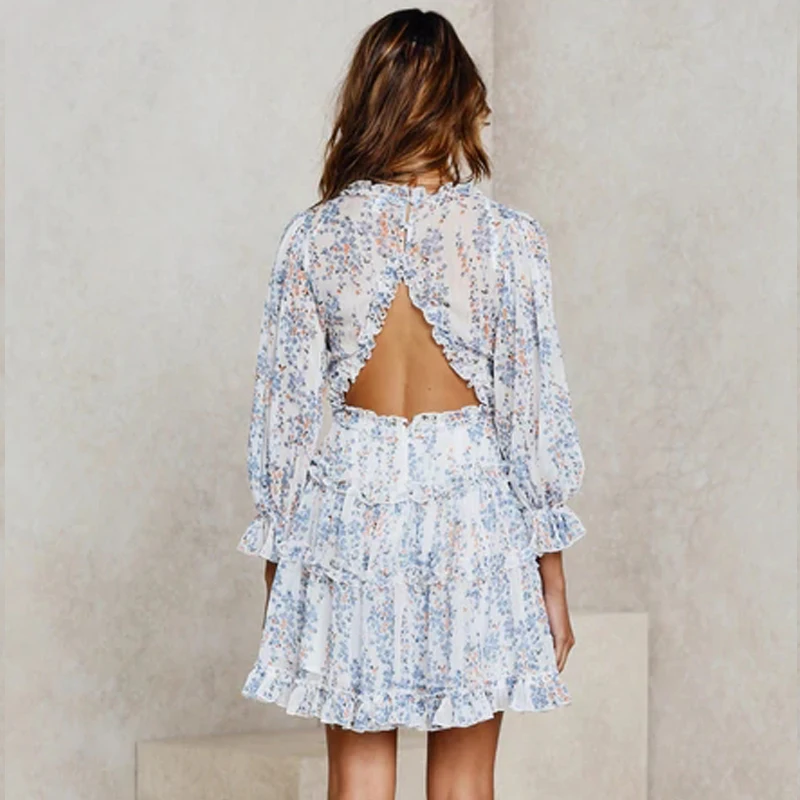 

VS&LLWQ Summer Elegant Ruffles Print Mini Dress Women Sexy Halter V-neck Long-Sleeved Waist Puff Sleeve Dresses Female Sundress