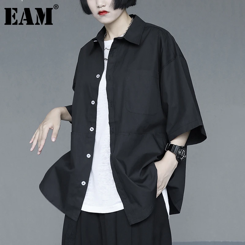 

[EAM] Women Black Plaid Big Size Casual Blouse New Lapel Half Sleeve Loose Fit Shirt Fashion Tide Spring Summer 2022 1DD9664