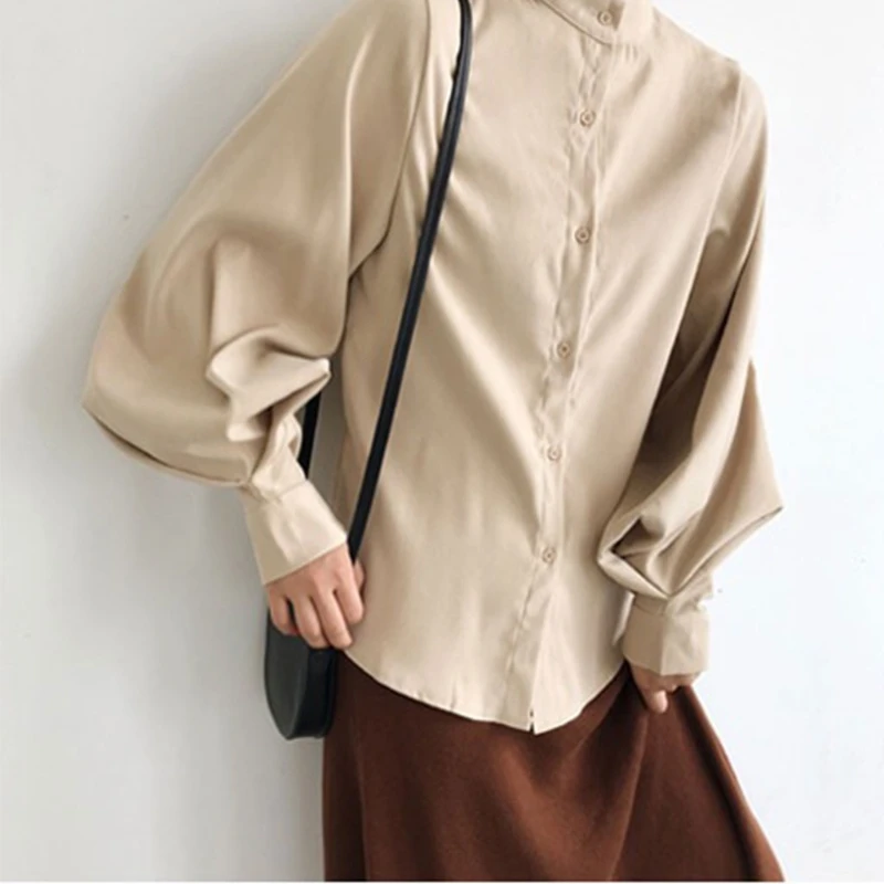 

Women Vintage Lantern Sleeve Blouse Stand Collar Button Loose Office Lady Shirts LX9E