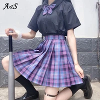 anbenser stundent lady girls longshort sleeve high waist pleated plaid skirts girl jk uniforms school students anime dress