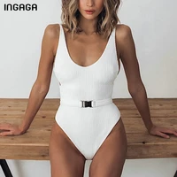 ingaga swimsuit one piece high cut womens swimsuit 2021 ribbed bodysuit solid backless bathing suits sexy belted beachwear