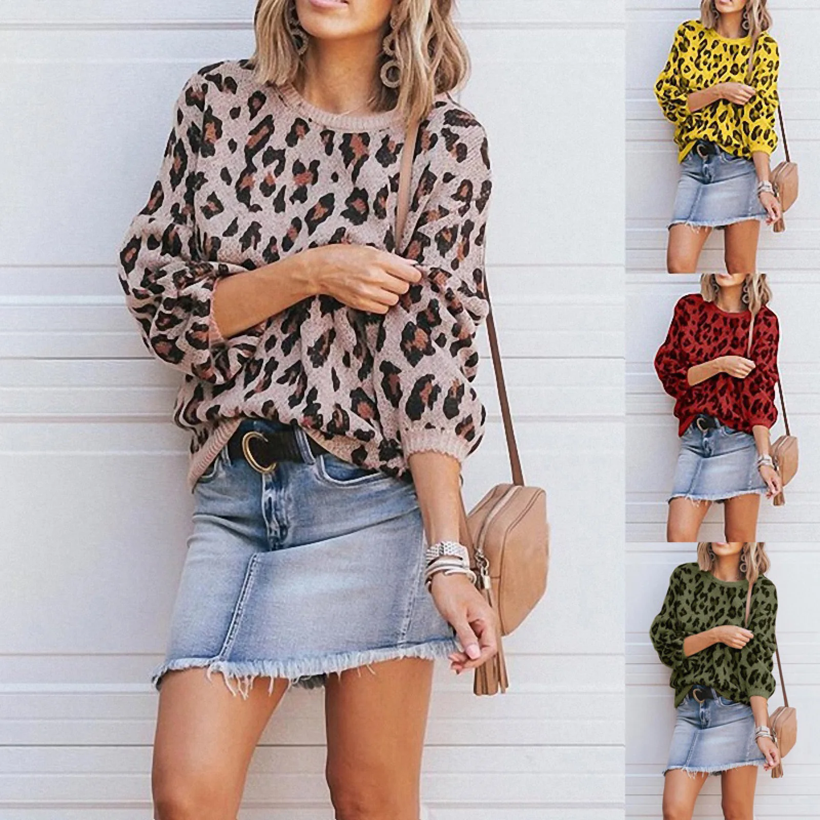 Свитер женский вязаный с леопардовым принтом и длинным рукавом | Женская одежда