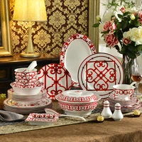 european red porcelain tableware set kitchen accessories dinner plate luxury bone china wedding hairstyle gifts 43 pieces
