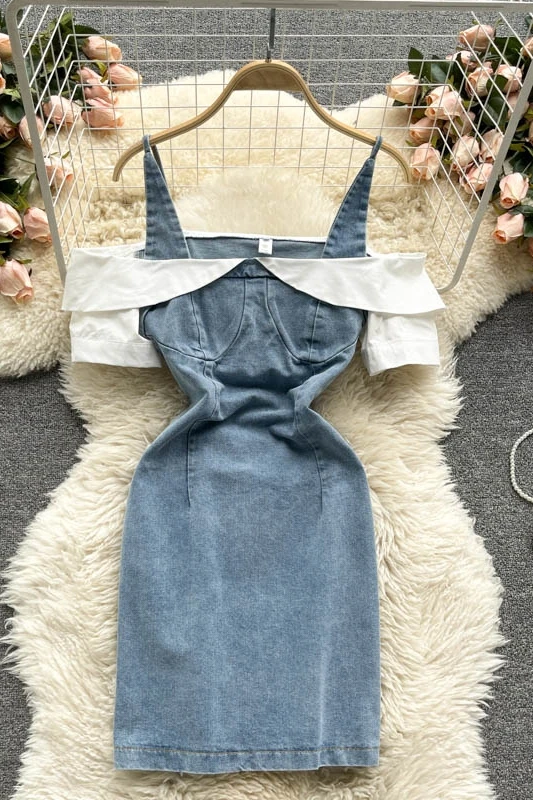 

2021 Summer New Fashion Korean Women Vintage Slim Blue Off The Shoulder Slash Neck Empire Denim Mini Dress J257
