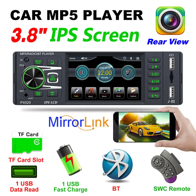 Автомагнитола 1DIN MP5 плеер 3 8 дюйма Mirror Link SD карта двойной USB IPS Bluetooth не сенсорный