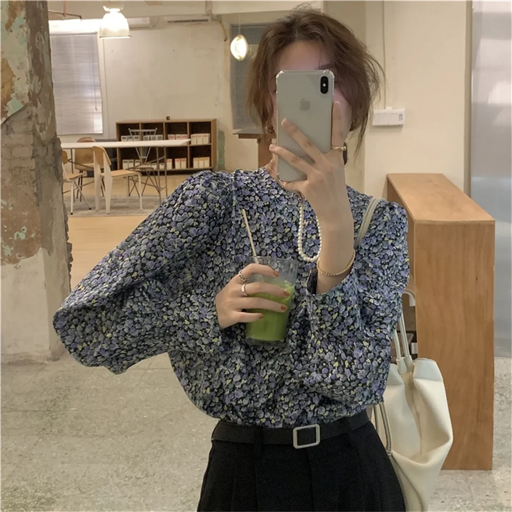 

2021 Retro Florals Blouses O-Neck Printing Full Sleeves High Street Chic Autumn Stylish Women Sweet Elegant Girls