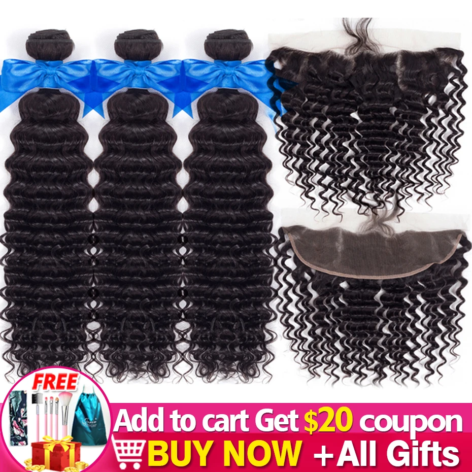 Перуанские пряди волос с глубокой волной и кружевной фронтальной застежкой 13x4 от