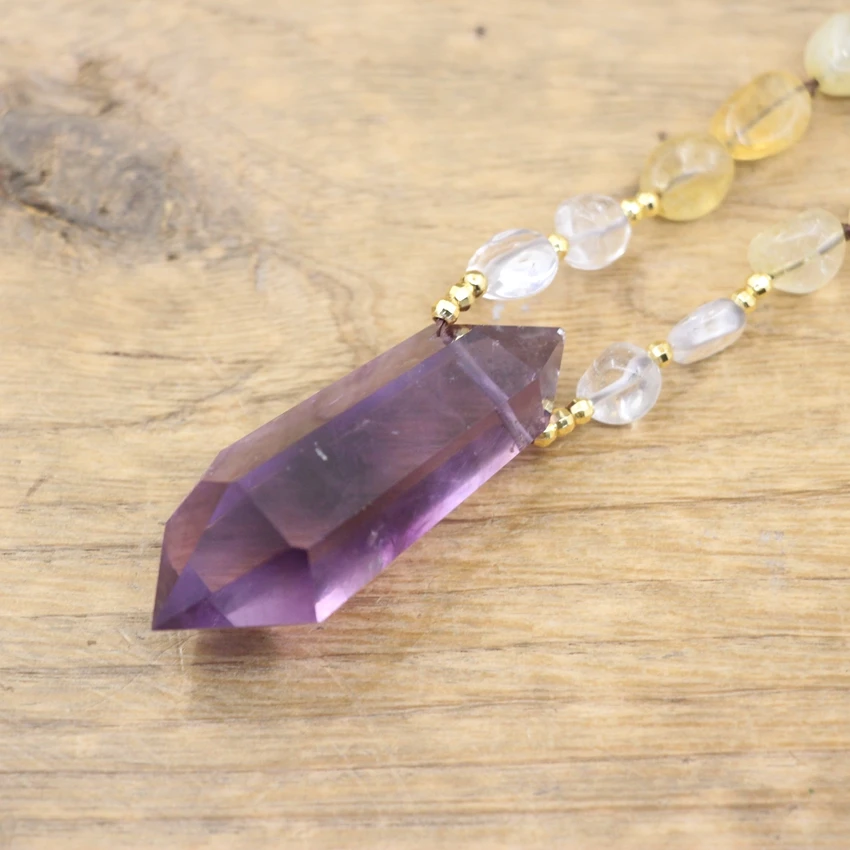 Faceted Amethysts Double Point Pendant Knotted Handmade Necklace Raw Citrines Yellow Quartz Bead Yoga Mala Prayer Jewelry,QC0144