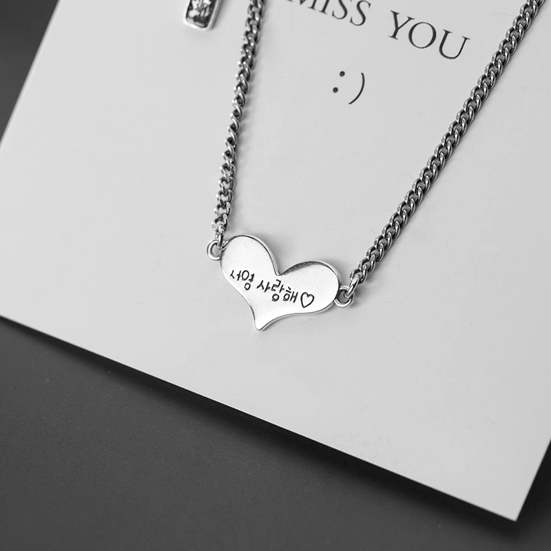 

S925 Sterling SilverColor Korean Fashion Heart Shape Engraved Text Pattern Pendant Necklace For Women Girls Lady Fashion Jewelry
