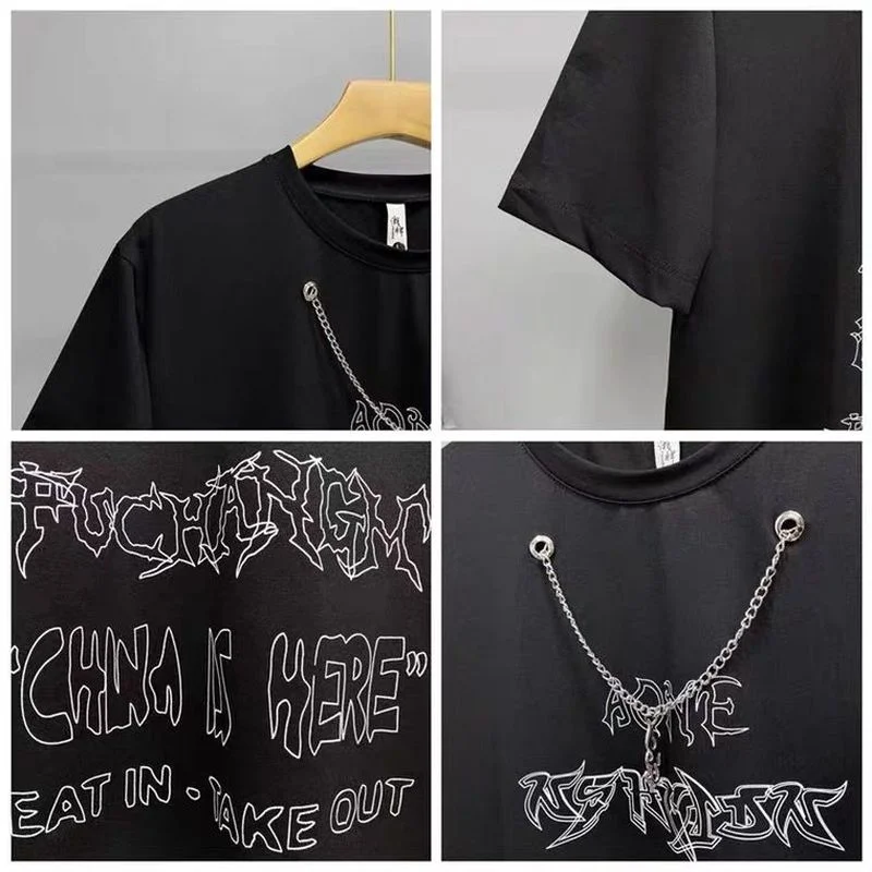

Summer Korean version of the dark chain pendant short-sleeved tshirt men and women loose ins couples niche gothic top for female