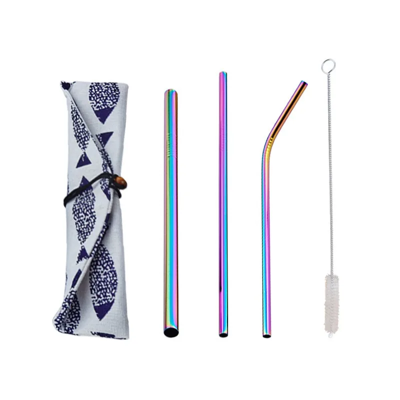 4pcs/Set Reusable 304 Stainless Steel Straw Barware Metal Drinking Straight Straws with Brush Bag Travel Outdoor Bar Accessories