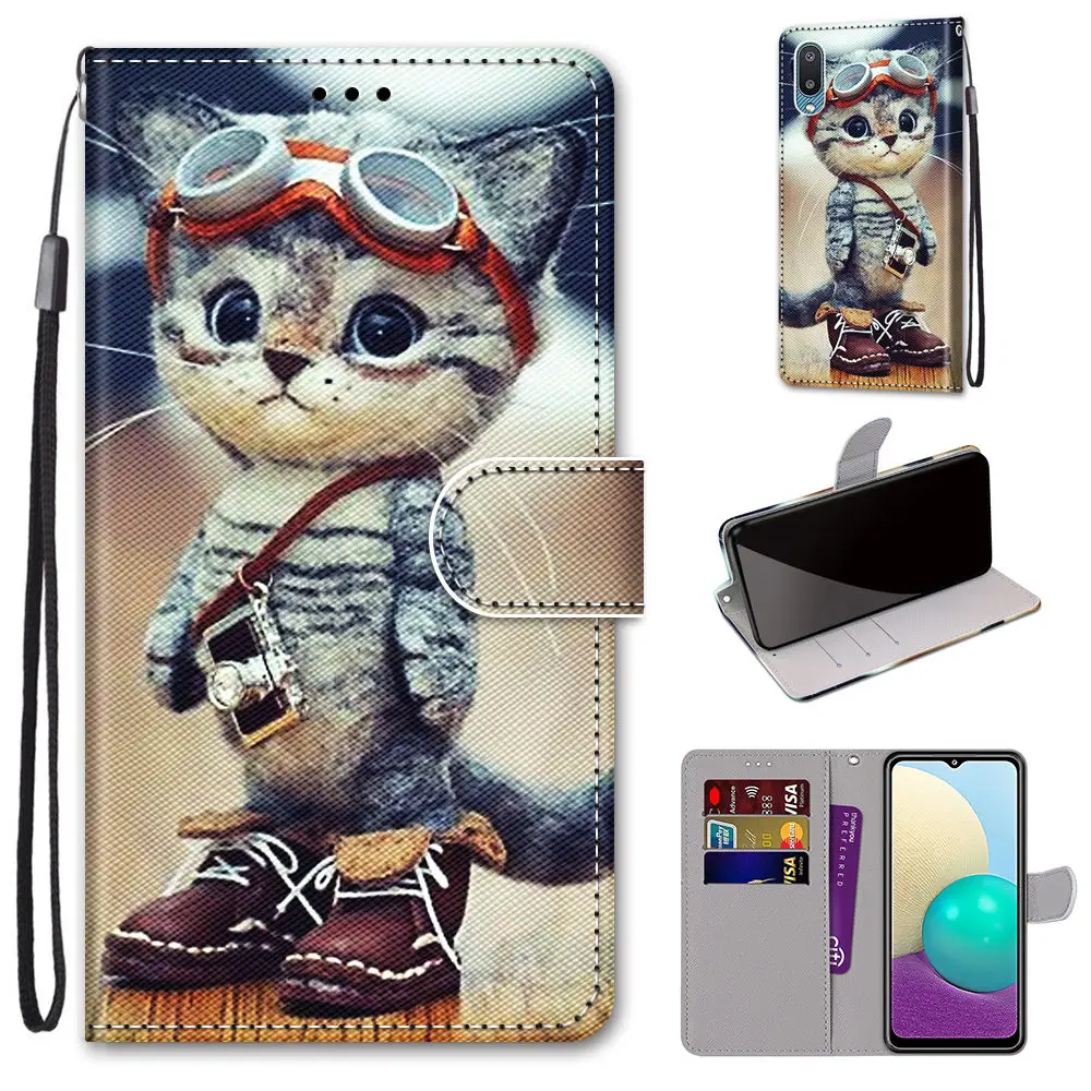 flip leather case for samsung galaxy a02 m02 a02s m02s a01 a11 a12 m12 a32 a52 a72 5g phone case wallet book cover cute cat bag free global shipping