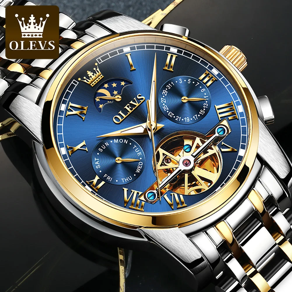 

OLEVS Automatic Mechanical Men Watch Tourbillon Moon Phase Stainless Steel Business Luminous Waterproof Date Week Wrist Watch