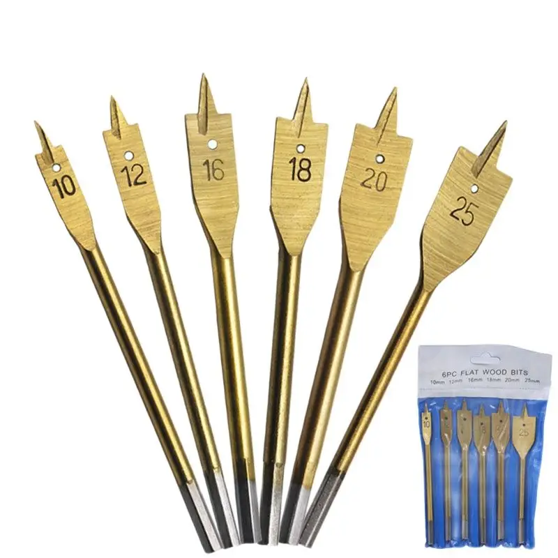 6pcs/Set Titanium Coating Hex Shank Spade Bits Flat Boring Bit Wood Drill Bits Power Tools Accessories 10,12,16,18,20,25mm