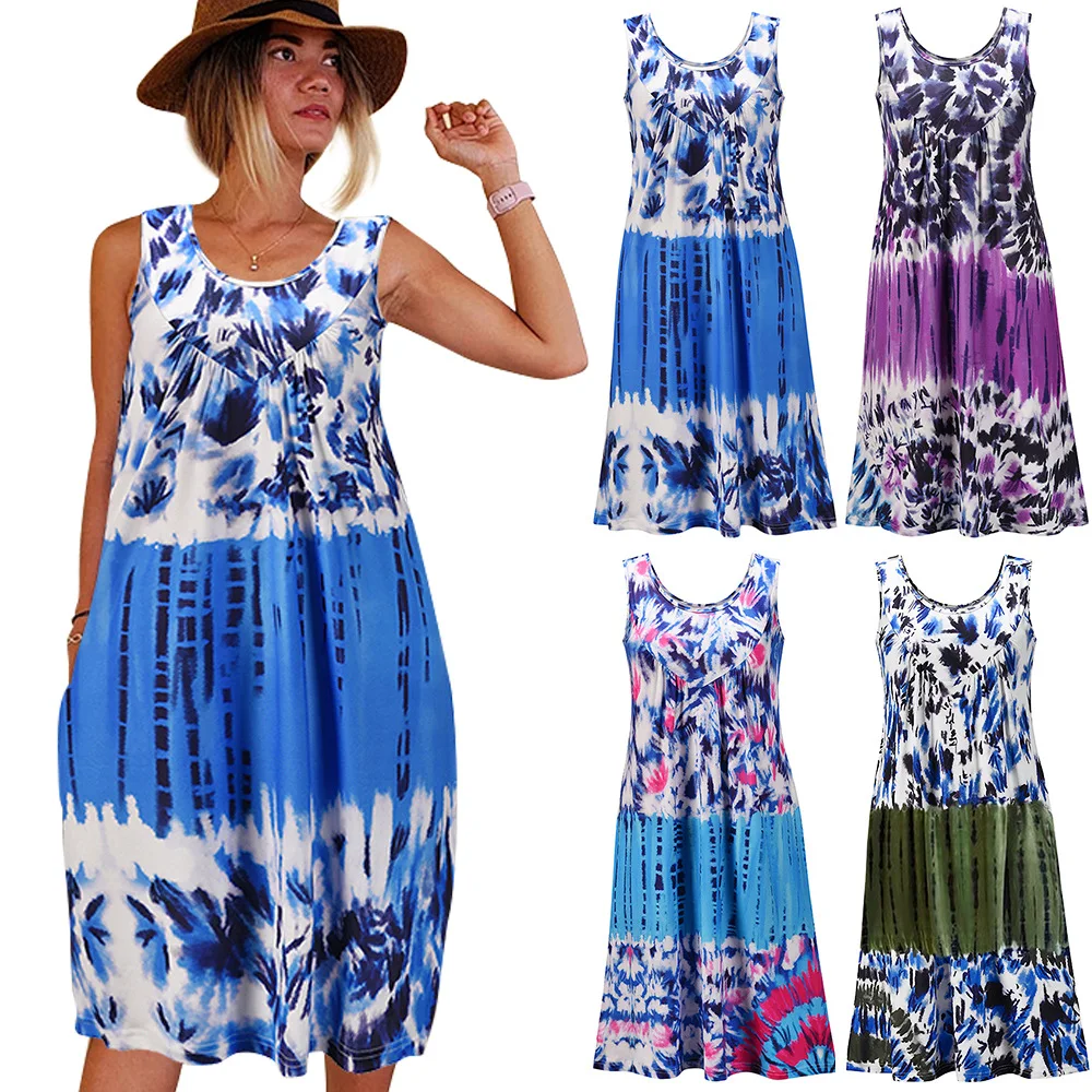 

2021 summer new women's dress retro tie-dye floral sleeveless suspender dress plus size