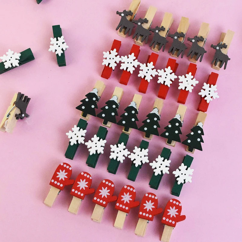 20Pcs/Lot Christmas Tree Elk Goves Wood Clips Snowflake Mini Wooden Clothes Photo Frame Paper Peg Pin Clothespin Craft | Дом и сад