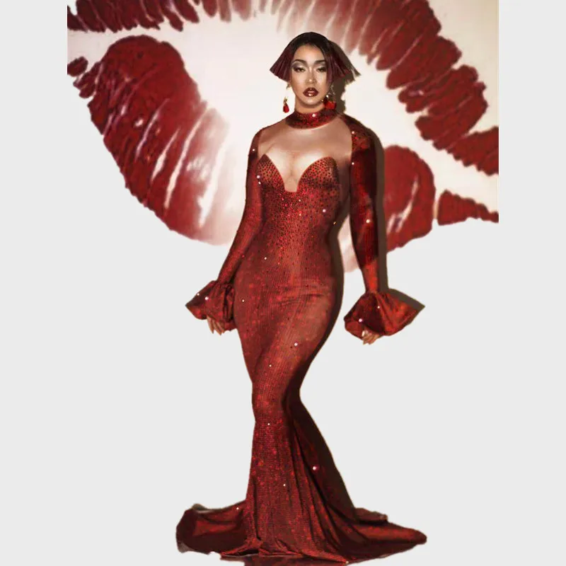 Сексуальные Стразы платья русалки для женщин Красный Кристалл день рождения