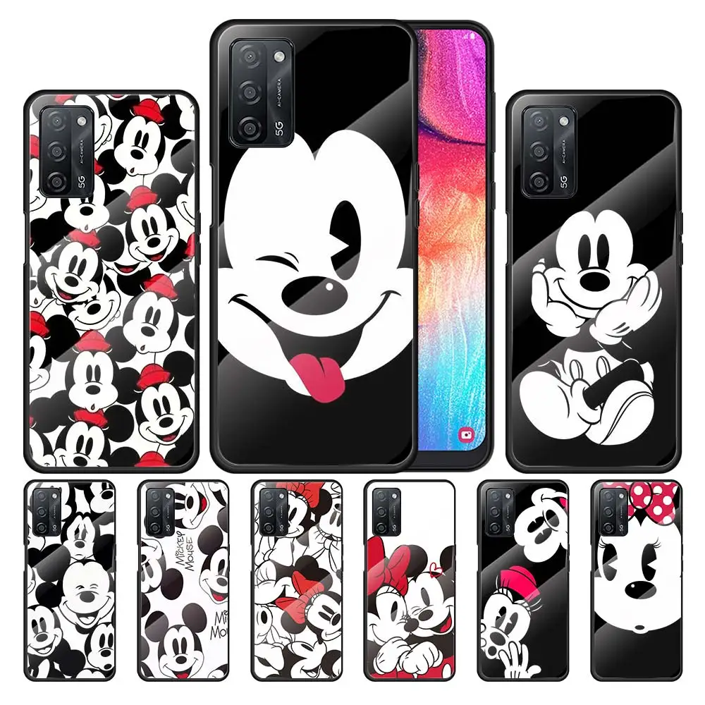 

Disney Mickey Minnie Black for OPPO Realme 7i 7 6 5 Pro C3 XT A9 2020 A52 Find X2Lite Luxury Tempered Glass Phone Case Cover