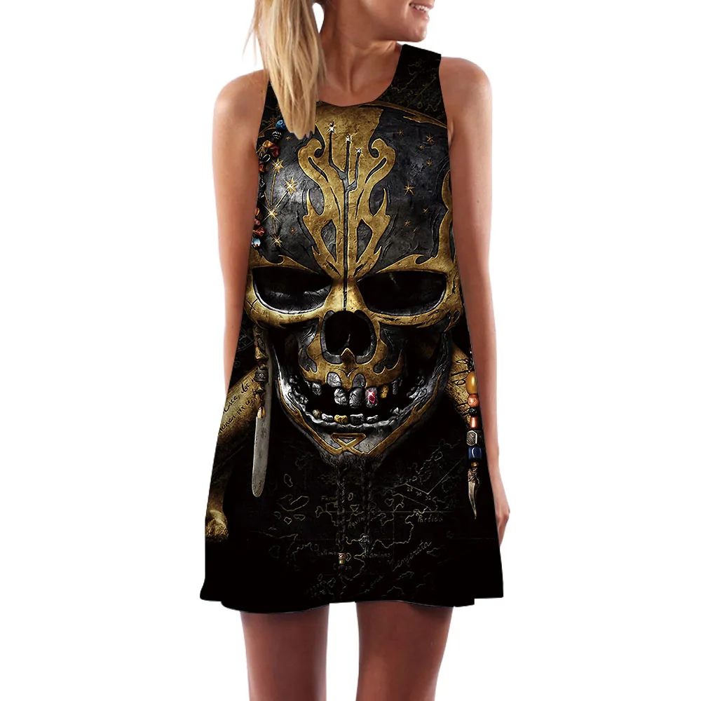 

KYKU Brand Skull Dress Women Skeleton Vestido Sexy Metal Ladies Dresses Punk Rock Korean Style Gothic Sundress Womens Clothing