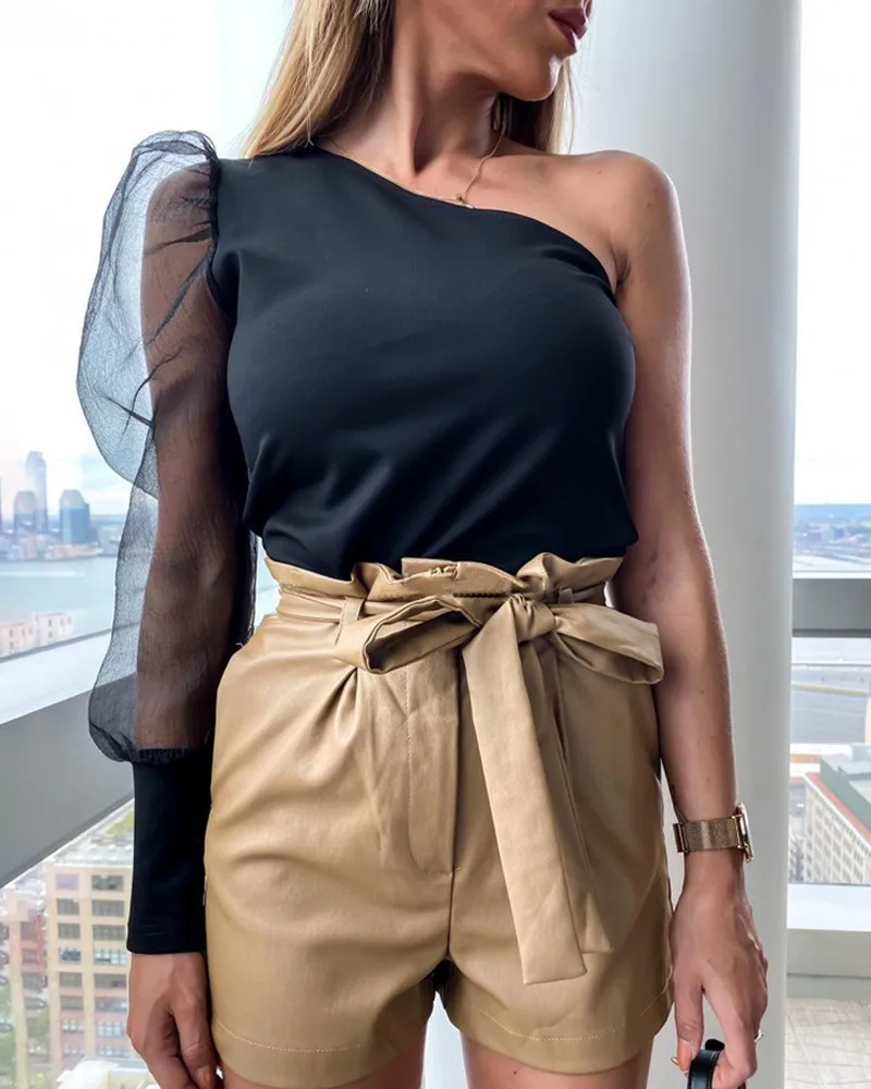 Осень 2019 женские прозрачные футболки на одно плечо с длинными