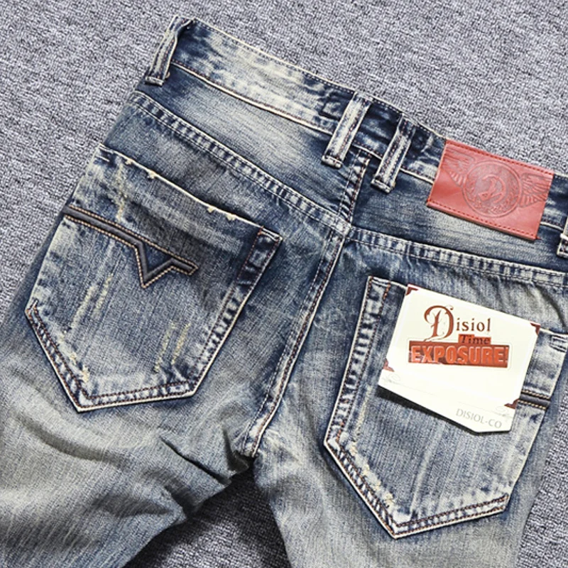 European Vintage Fashion Men Jeans Retro Wash Distressed Slim Fit Destroyed Ripped Jeans Men Patchwork Designer Denim Punk Pants