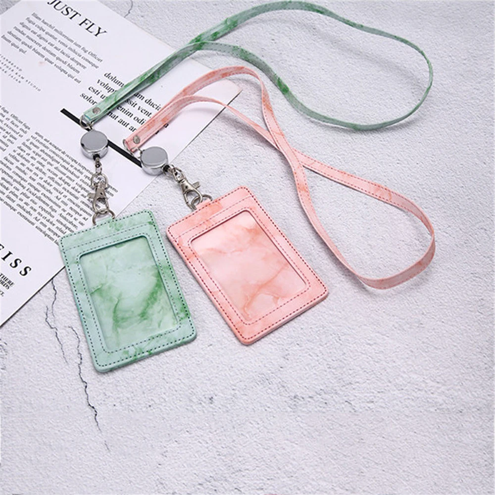 

Marbling PU Leather Card Holder Lanyard Work Card ID Badge Holder Retractable Bus Bank Business Credit Card Cover Bag Case