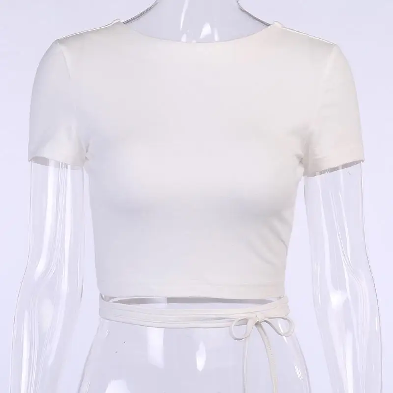 

Sexy Round Neck Short Sleeve Cross Lace Up Backless Crop Top Summer Women Basic Slim Fashion Elastic Tops Streetwear