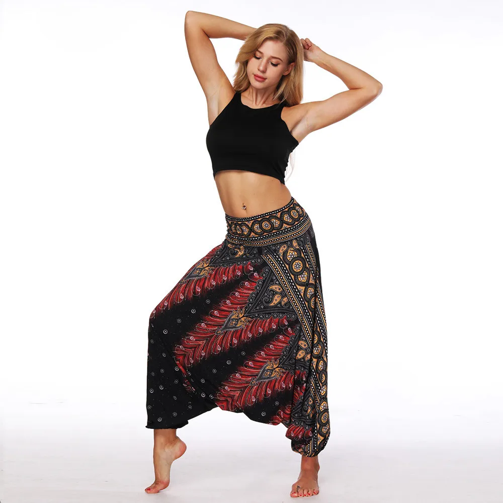 

JAYCOSIN Women Casual Summer Loose Yoga Trousers Baggy Boho Aladdin Jumpsuit Harem Pants Casual Soft Ice Silk Loose Baggy Pants
