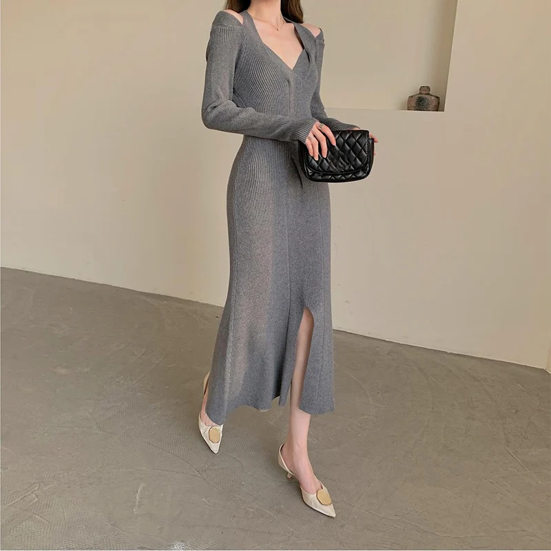 Осеннее длинное стильное платье-свитер с длинным рукавом соблазнительное