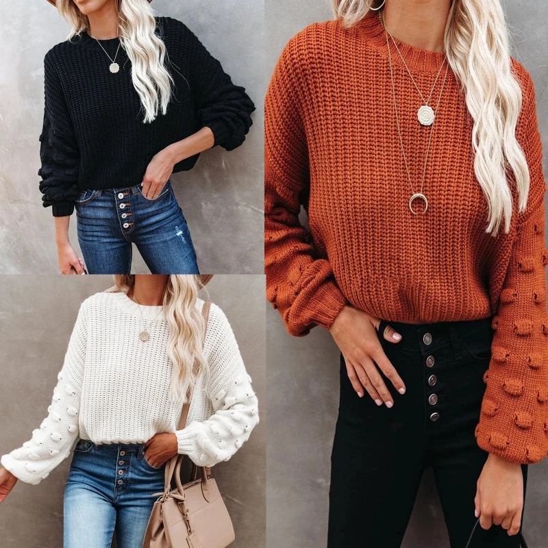 Женский свитер в горошек с длинными рукавами и круглым вырезом вязаный Свободный