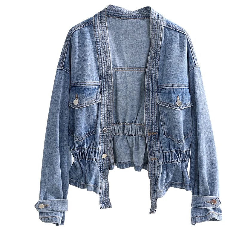

Autumn 2021 Korean Style Short Denim Jacket Female V-neck Waist Fashion Trend All-match Ladies Coats Blue Overcoat
