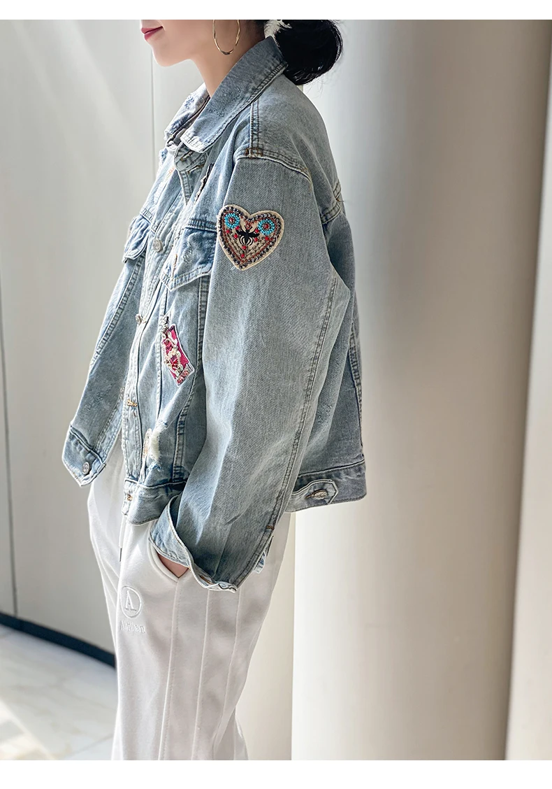 

Embroidery badge solid color denim tooling jacket women short style 2021 spring and autumn new loose top European style