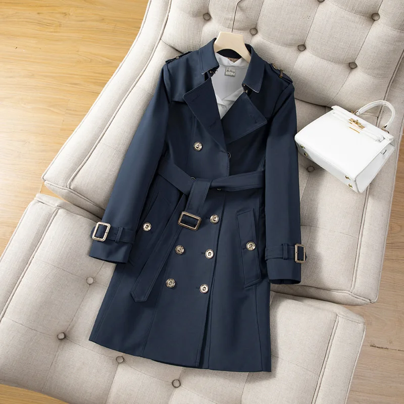 

Женская ветровка в британском стиле средней и большой длины, Новинка весна-осень 2021, облегающее модное пальто с металлическими пуговицами и...