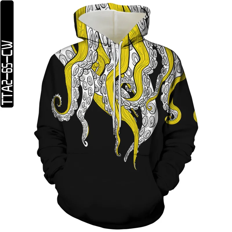 

New black and white 3D octopus hoodie personality feather print men's autumn and winter hoodie men and women pullover jacket