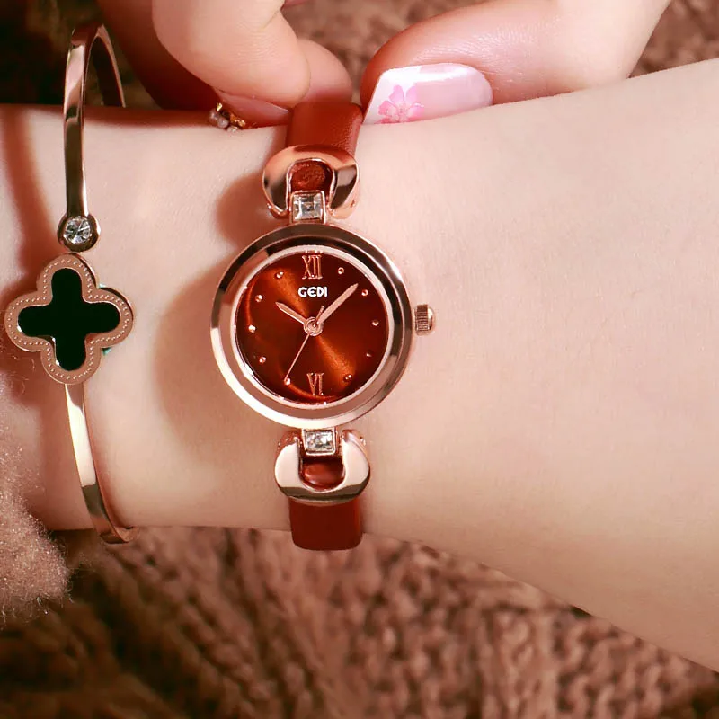 Relogio Feminino GEDI 8 мм ультратонкие женские кварцевые часы Лакшери модные часы Montre Femme женские элегантные часы браслет подарок - Цвет: Brown