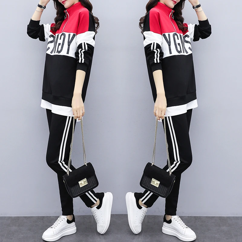 Женский спортивный костюм весенний 2020 женский топ с отворотом и брюки комплект