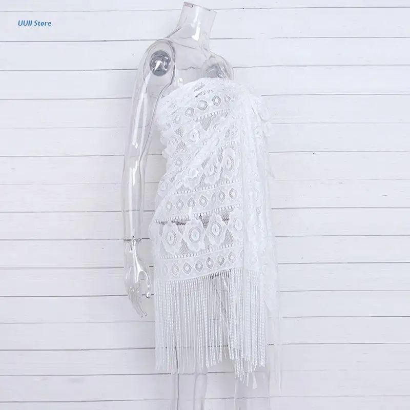 

XX9D 85x155CM Womens Boho Beach Swimwear Cover Up Floral Polka Dot Hollow Crochet Sarong Wrap Skirt Long Tassels Patchwork Sheer