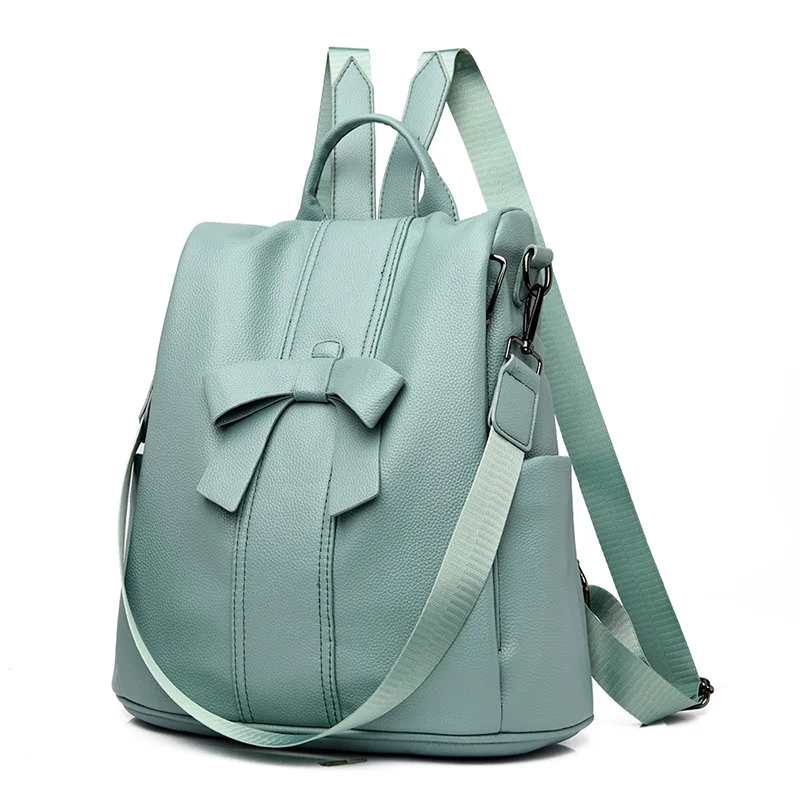 

2021 New Arrivals Womens PU Leather Backpack Black or Blue Solid Color Bow Decoration Design High Quality Classic Soft Face Bag