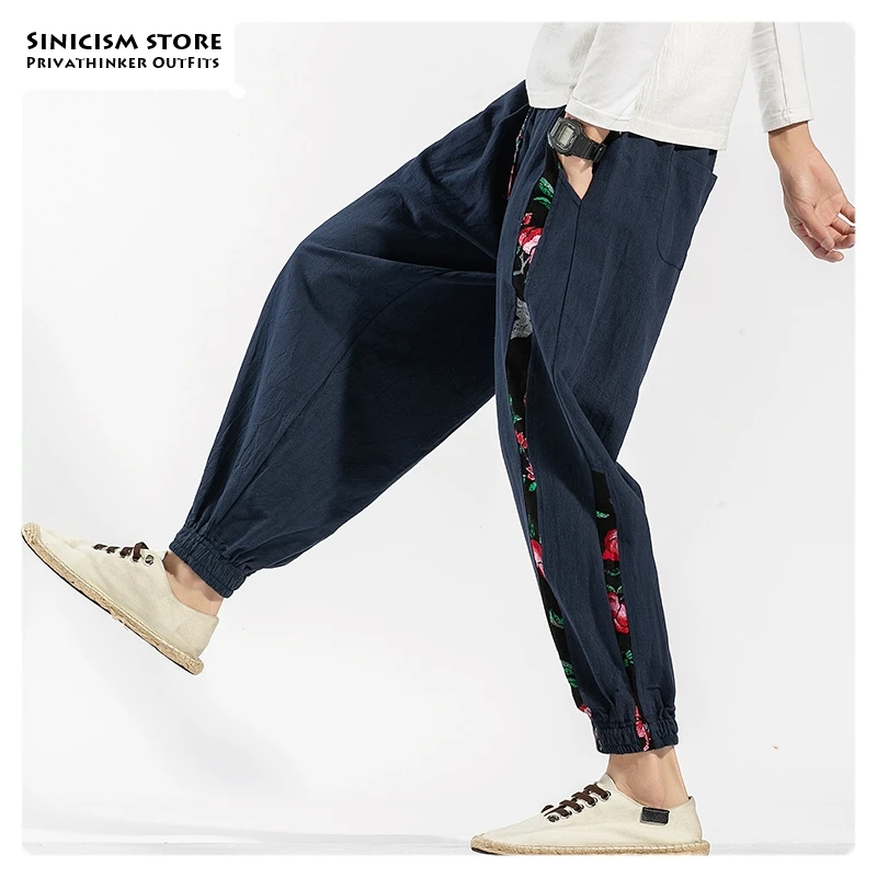 Sinicism Store Мужские штаны-шаровары в китайском стиле длиной до щиколотки мужские свободные черные брюки больших размеров мужские осенние хлопковые льняные брюки