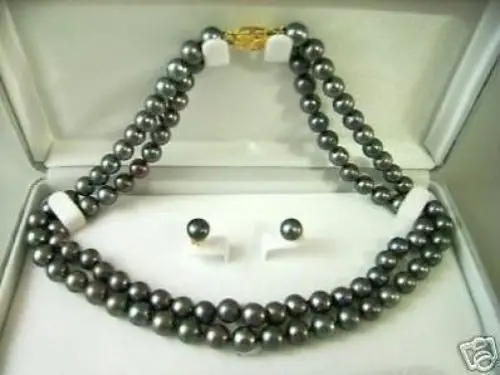 

2row 7-8MM Black Freshwater Pearl Necklace(18") Earring Set