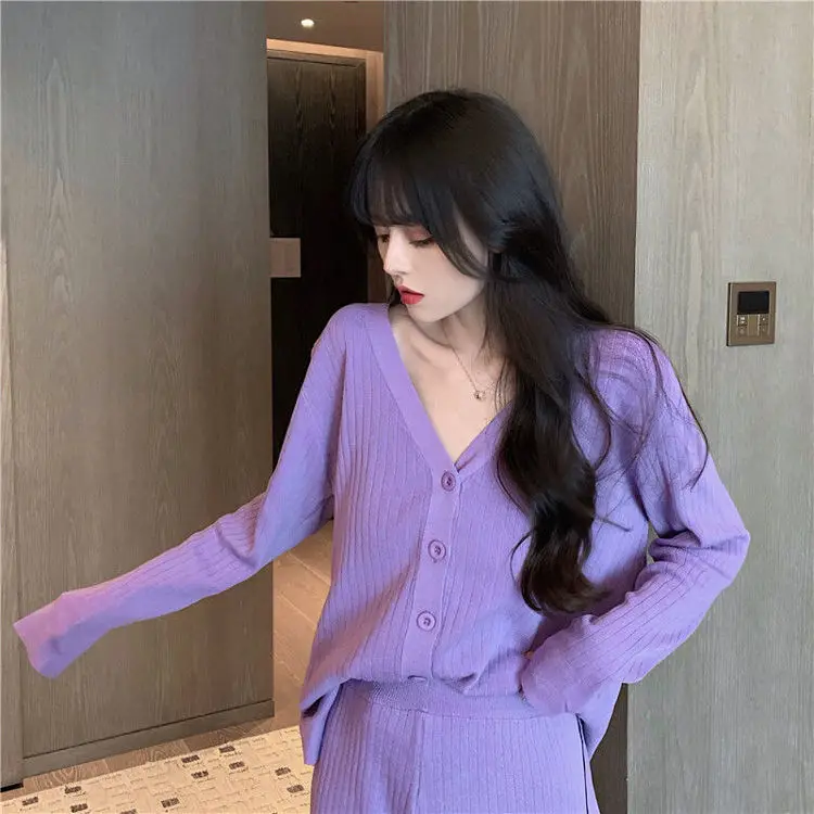 

Autumn Women Knit Houndstooth Cardigan Sweater Coat+ High Waist Wide Leg Pants Sets Elegant Single-Breasted Jacket Trousers Suit