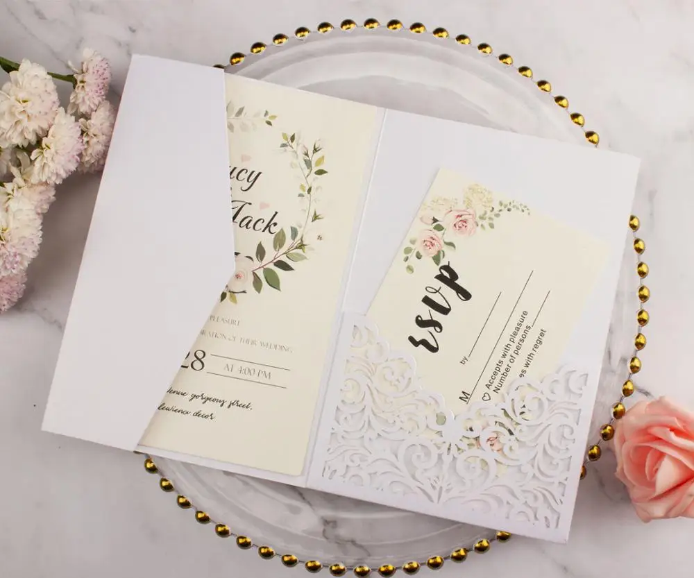 pearl white 20 шт./лот Бургундия pocketfold с цветами лазерной резки свадебные пригласительные карты три сложенные карты карман поздравительные приглашения - Цвет: pearl white