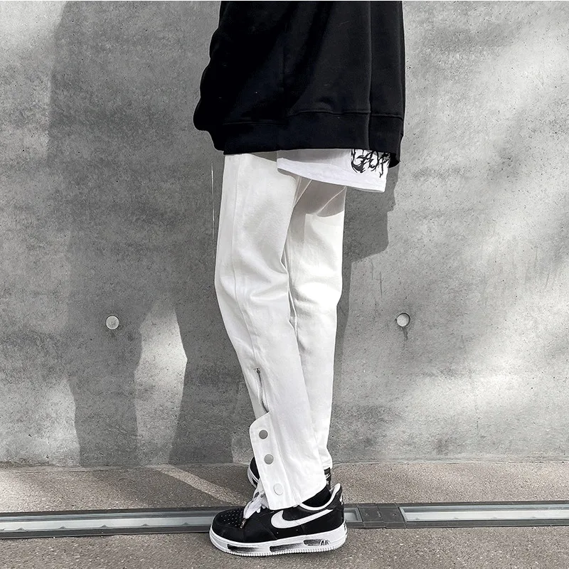 Straight Jeans Men Spring Boyfriend Jeans Streetwear Skinny Cacual Designer Button Denim Pants Hiphop High Street Zipper Trouser