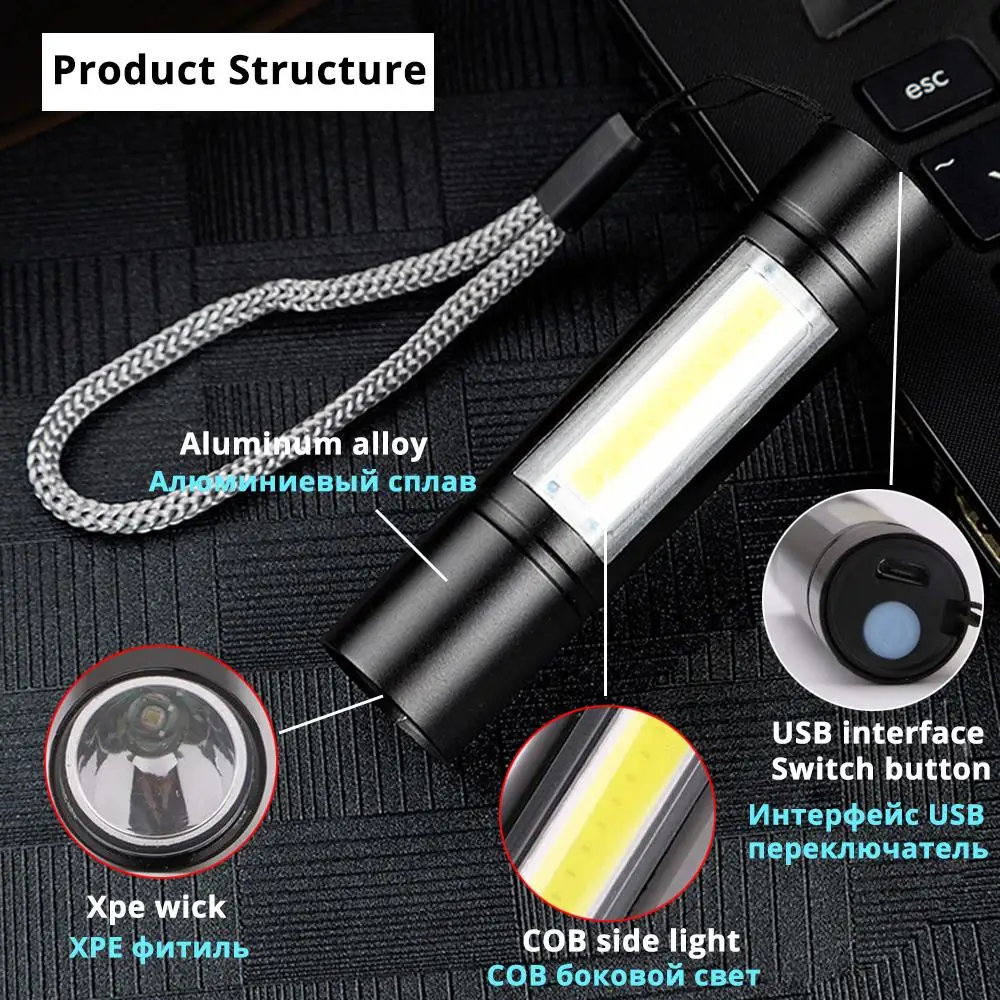 Фонарик с LED-освещением USB Rechargeable Built-in Battery Flashlight LED XPE COB Light 3 Modes Mini Zoom Outdoor Camping Lamp Waterproof Work Durable On.