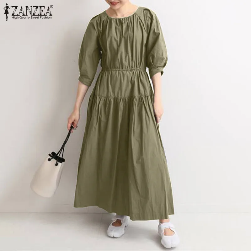 

Модное однотонное платье ZANZEA 2022, весеннее свободное платье на шнуровке, женское винтажное платье с рукавом 3/4, повседневное женское платье о...