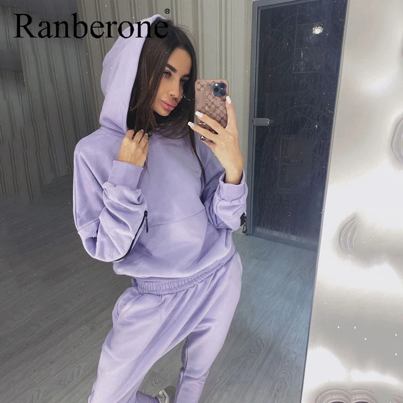 Two Piece Outfits Tracksuit Wives Sexy Back Zipper Hoodies Sweatshirt And Pocket Sweatpants Women Sport Suit Solid Sportswear