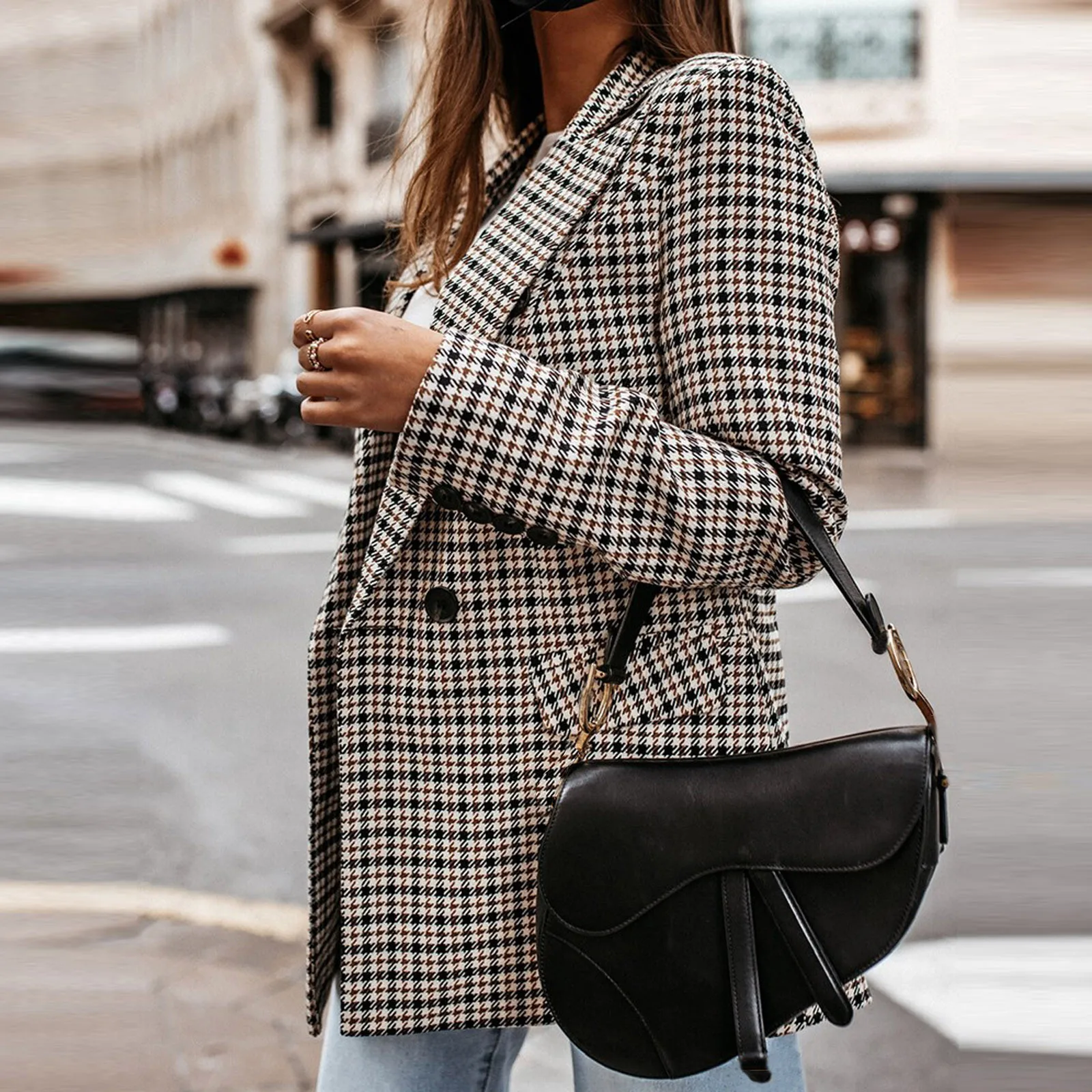 

Women Plaid Blazer Vintage Autumn Button Down Lapel Collar Double Breasted Flap Blazers Ladies Lattice Tailored Long Blazer
